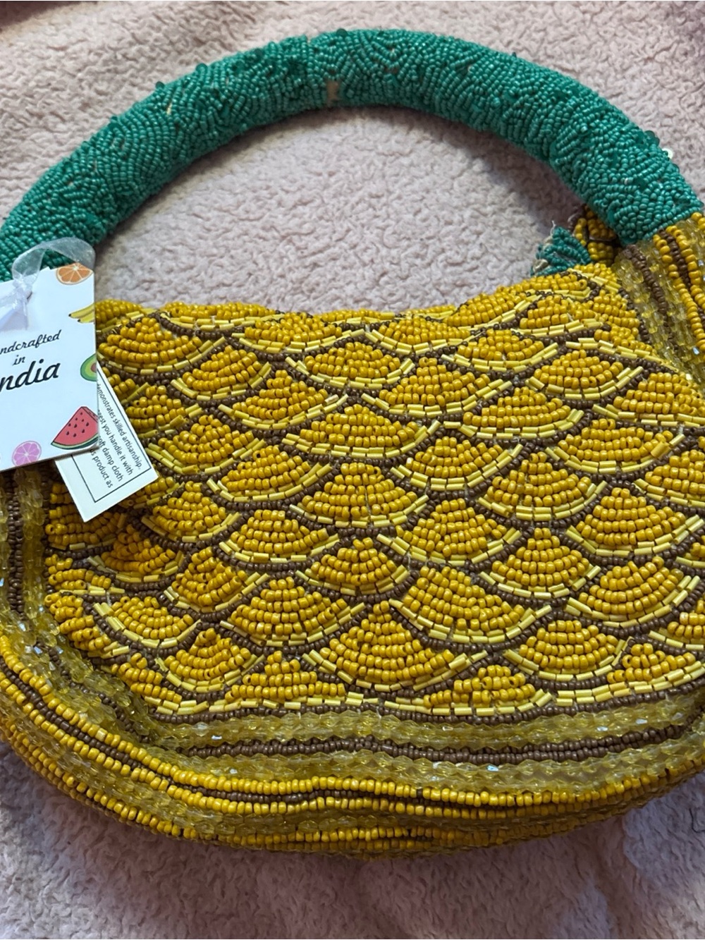 Yellow Beaded Evening Clutch with Green Wrapped Handle - Picture 3 of 4